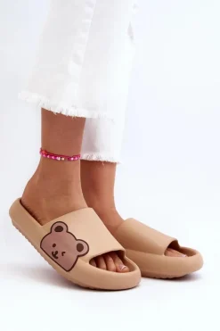 Outlet Boto Damskie Lekkie Piankowe Klapki Motyw Misia Ciemnobeżowe Parisso