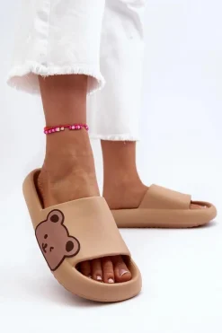 Outlet Boto Damskie Lekkie Piankowe Klapki Motyw Misia Ciemnobeżowe Parisso