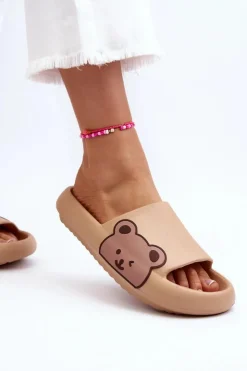 Outlet Boto Damskie Lekkie Piankowe Klapki Motyw Misia Ciemnobeżowe Parisso