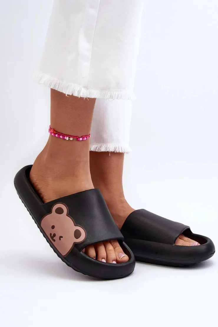 Outlet Boto Damskie Lekkie Piankowe Klapki Motyw Misia Czarne Parisso