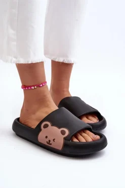 Outlet Boto Damskie Lekkie Piankowe Klapki Motyw Misia Czarne Parisso