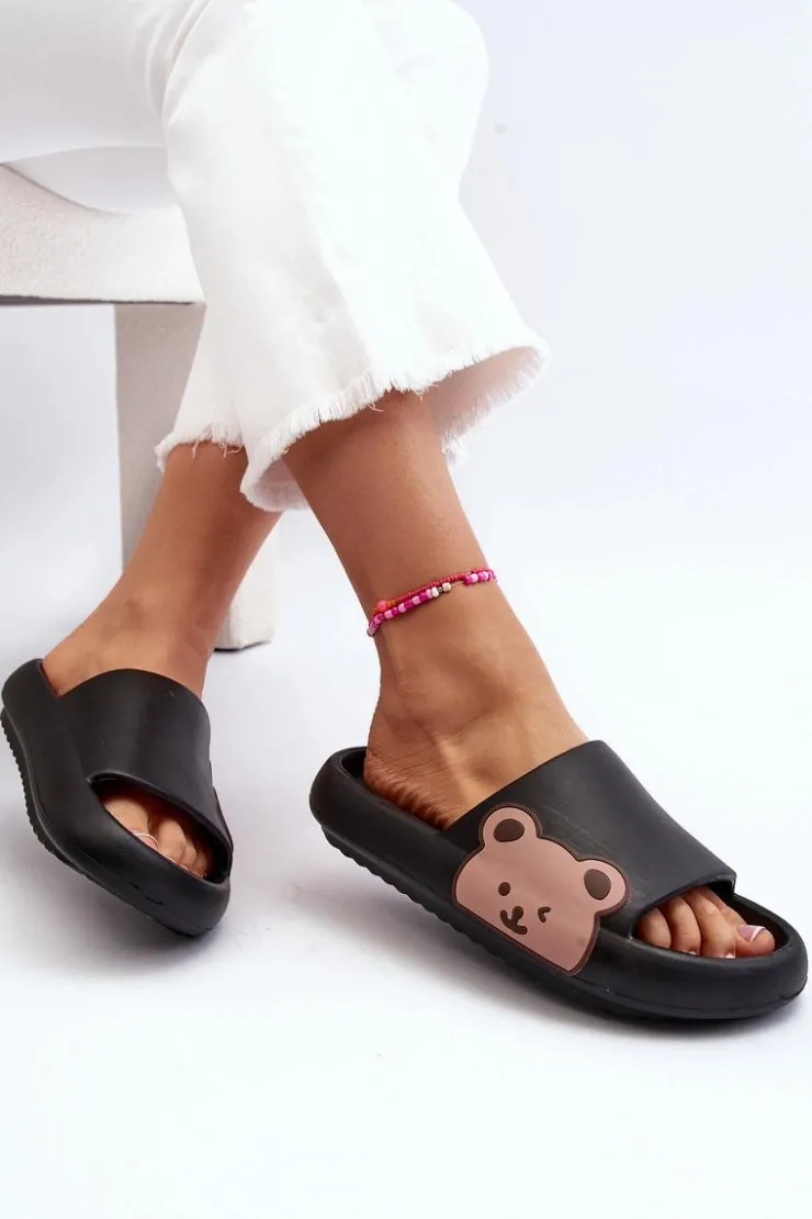 Outlet Boto Damskie Lekkie Piankowe Klapki Motyw Misia Czarne Parisso