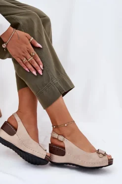 Evento Damskie Lekkie Sandały Na Koturnie Comfort Shoes Beżowo-Złote Efravia