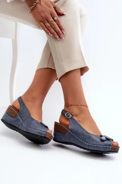 Evento Sandały Na Obcasie|Sandały Na Koturnie*Damskie Lekkie Sandały Na Koturnie Comfort Shoes Niebieskie Efravia