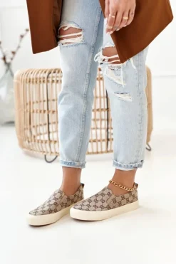 Damskie Boto Damskie Logowane Tenisówki Slip-On Khaki Challenge