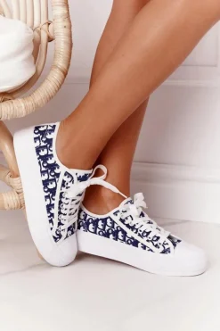 Damskie Boto Damskie Logowane Trampki Biało-Granatowe Daphne