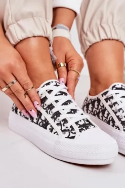 Damskie Boto Damskie Logowane Trampki Biało-Czarne Daphne