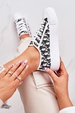 Damskie Boto Damskie Logowane Trampki Biało-Czarne Daphne