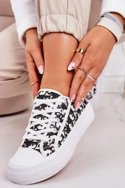 Damskie Boto Damskie Logowane Trampki Biało-Czarne Daphne