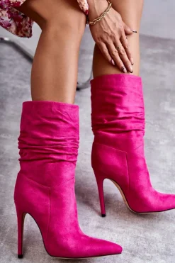 Boto Kozaki Przed Kolano|Kozaki Na Obcasie*Damskie Marszczone Botki Kozaki Różowe Laguna Różowy