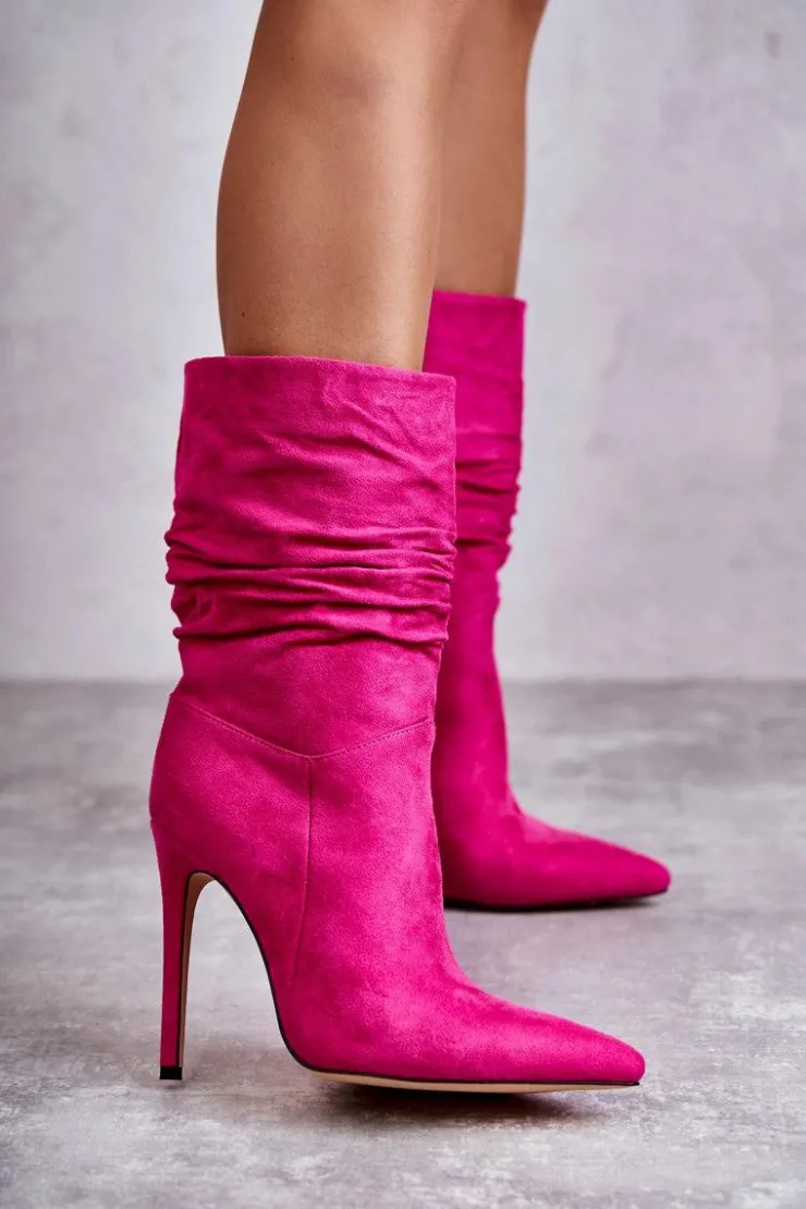 Boto Kozaki Przed Kolano|Kozaki Na Obcasie*Damskie Marszczone Botki Kozaki Różowe Laguna Różowy