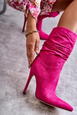 Boto Kozaki Przed Kolano|Kozaki Na Obcasie*Damskie Marszczone Botki Kozaki Różowe Laguna Różowy