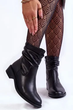Buty Sergio Leone Czarne Botki|Botki Zimowe Damskie*Damskie Marszczone Botki Na Płaskim Obcasie Czarne Sersa