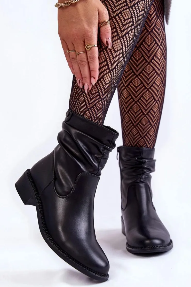 Buty Sergio Leone Czarne Botki|Botki Zimowe Damskie*Damskie Marszczone Botki Na Płaskim Obcasie Czarne Sersa