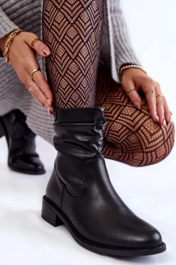 Buty Sergio Leone Czarne Botki|Botki Zimowe Damskie*Damskie Marszczone Botki Na Płaskim Obcasie Czarne Sersa