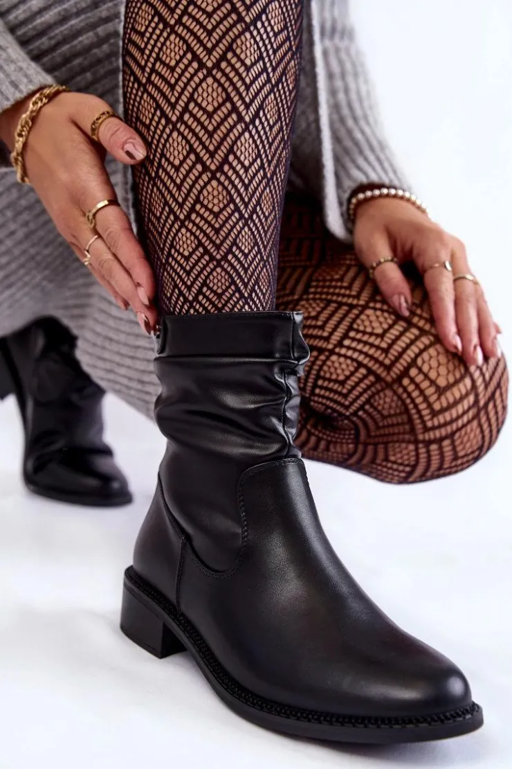 Buty Sergio Leone Czarne Botki|Botki Zimowe Damskie*Damskie Marszczone Botki Na Płaskim Obcasie Czarne Sersa