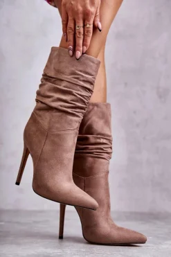 Hot Boto Damskie Marszczone Botki Kozaki Brązowe Laguna Brązowy