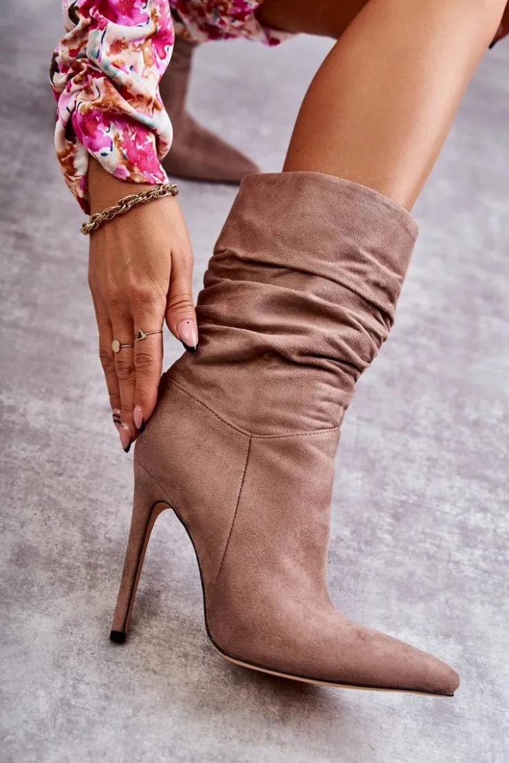 Hot Boto Damskie Marszczone Botki Kozaki Brązowe Laguna Brązowy