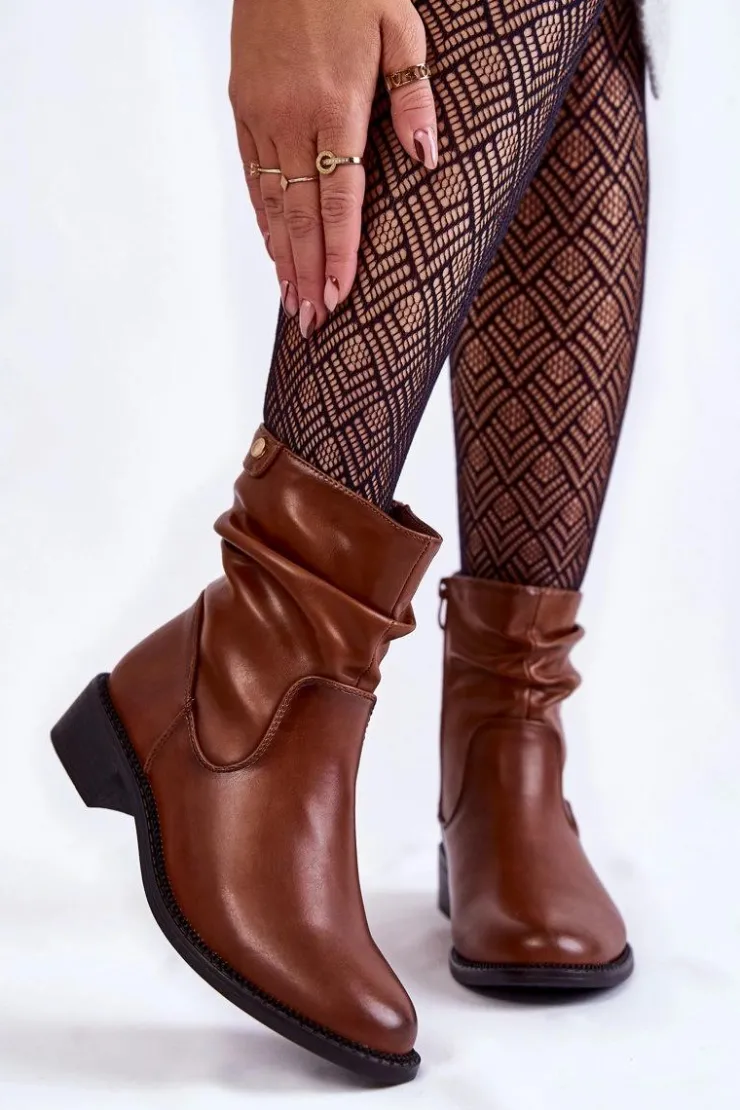 Discount Buty Sergio Leone Damskie Marszczone Botki Na Płaskim Obcasie Brązowe Sersa