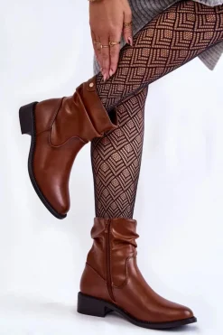 Discount Buty Sergio Leone Damskie Marszczone Botki Na Płaskim Obcasie Brązowe Sersa