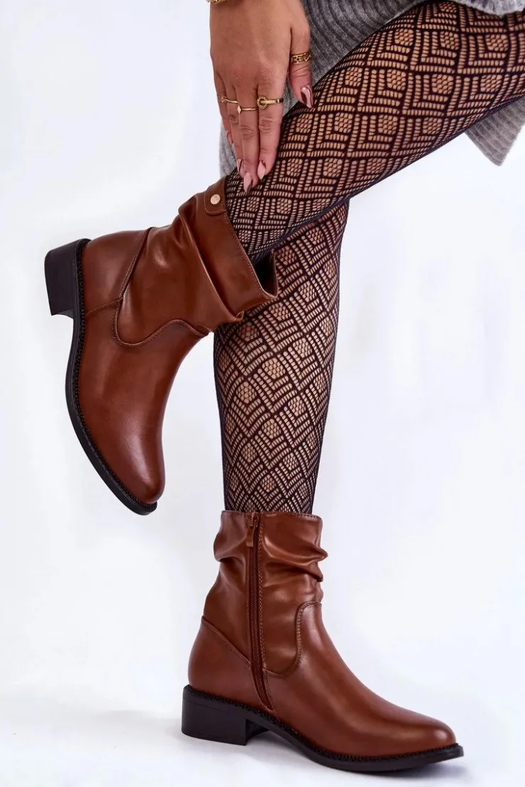 Discount Buty Sergio Leone Damskie Marszczone Botki Na Płaskim Obcasie Brązowe Sersa