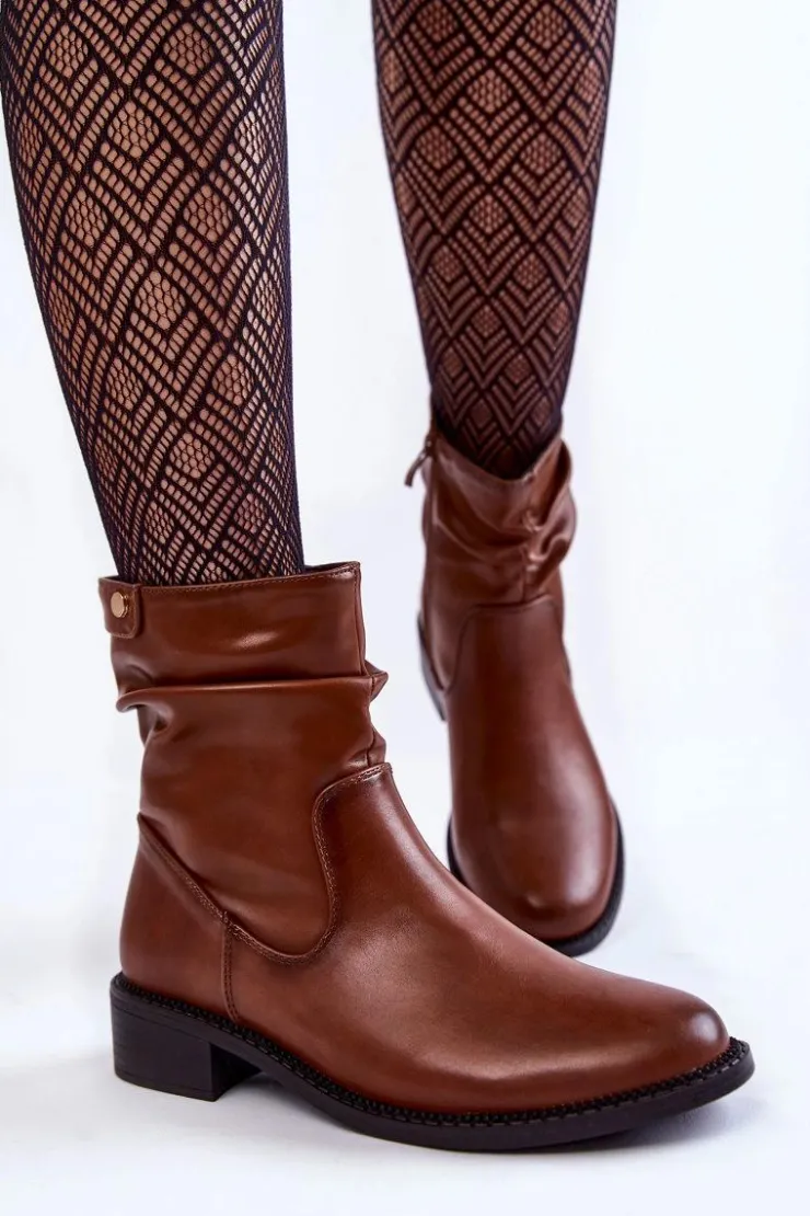 Discount Buty Sergio Leone Damskie Marszczone Botki Na Płaskim Obcasie Brązowe Sersa