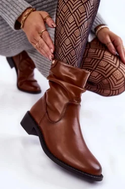 Discount Buty Sergio Leone Damskie Marszczone Botki Na Płaskim Obcasie Brązowe Sersa