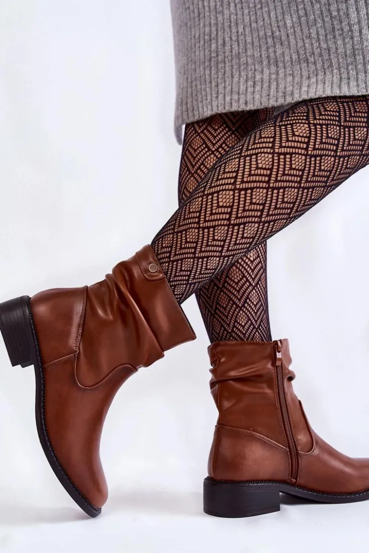 Discount Buty Sergio Leone Damskie Marszczone Botki Na Płaskim Obcasie Brązowe Sersa