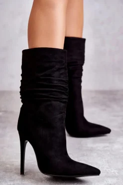 Damskie Boto Damskie Marszczone Botki Kozaki Czarne Laguna