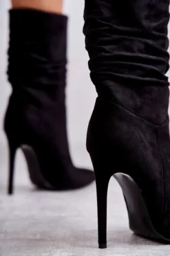 Damskie Boto Damskie Marszczone Botki Kozaki Czarne Laguna