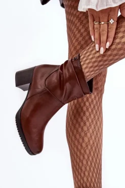 Buty Sergio Leone Botki Zimowe Damskie|Brązowe I Beżowe Botki*Damskie Marszczone Botki Na Słupku Brązowe Liriam