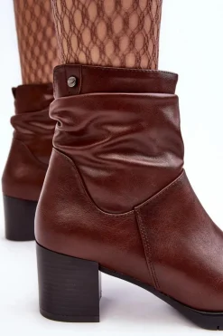 Buty Sergio Leone Botki Zimowe Damskie|Brązowe I Beżowe Botki*Damskie Marszczone Botki Na Słupku Brązowe Liriam