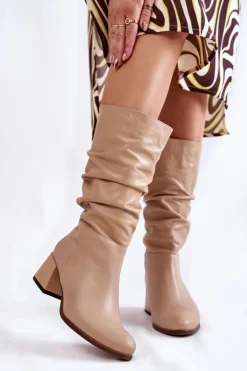 Damskie Boto Damskie Marszczone Skórzane Kozaki Beżowe Alfra