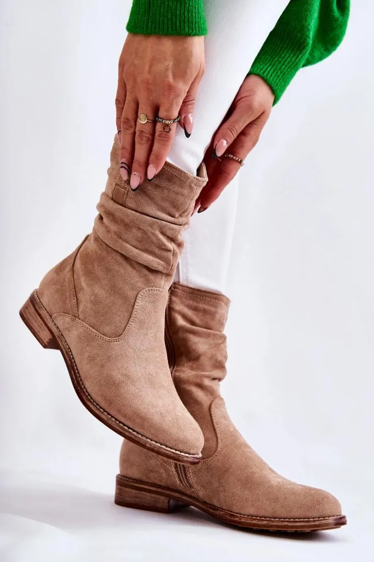 Hot Damskie buty S.Barski Damskie Marszczone Zamszowe Botki Beżowe Joanne