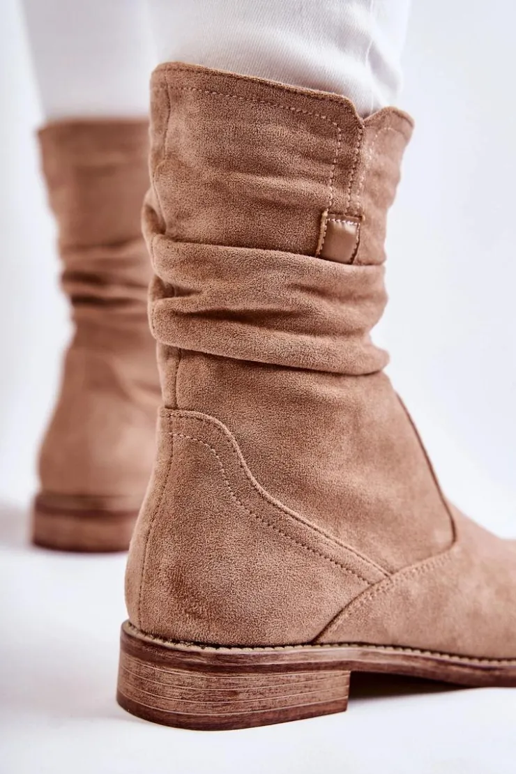 Hot Damskie buty S.Barski Damskie Marszczone Zamszowe Botki Beżowe Joanne