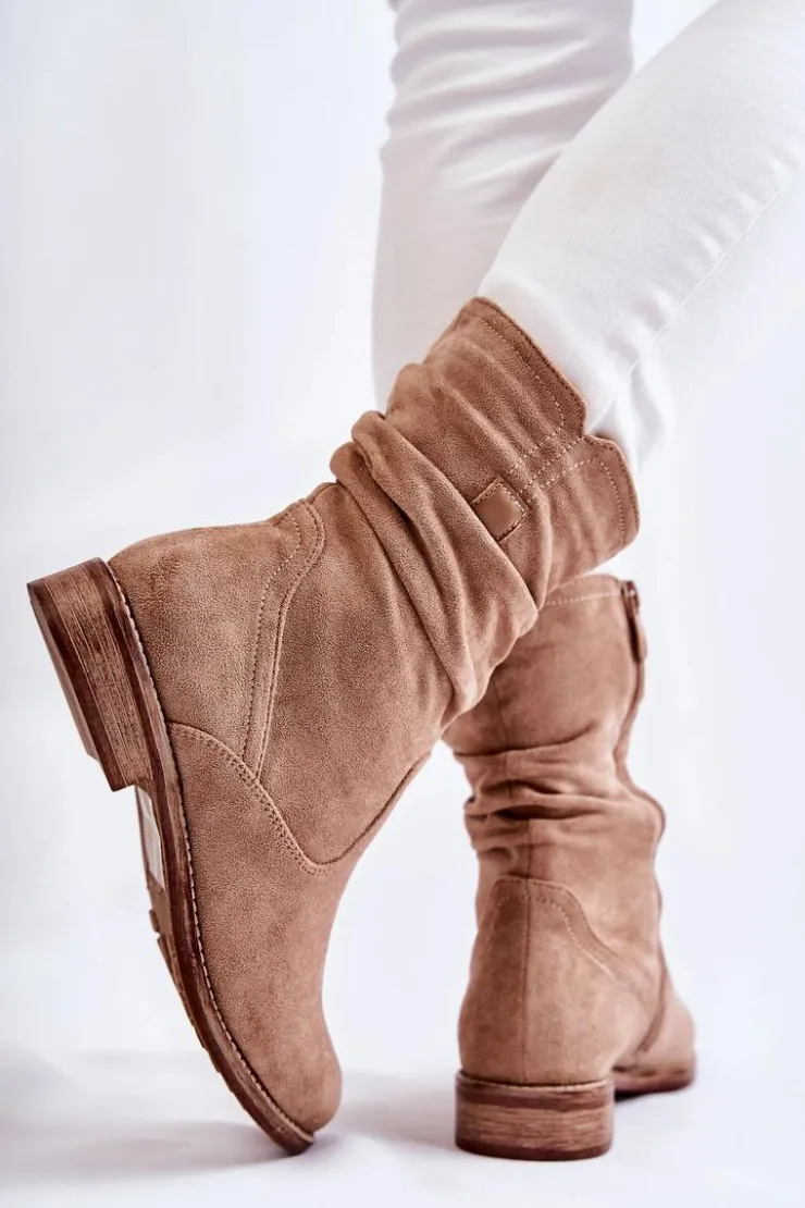 Hot Damskie buty S.Barski Damskie Marszczone Zamszowe Botki Beżowe Joanne