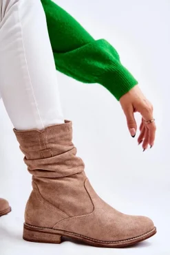 Hot Damskie buty S.Barski Damskie Marszczone Zamszowe Botki Beżowe Joanne