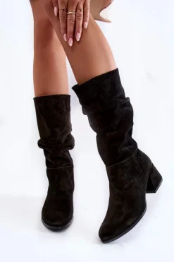 Damskie Boto Damskie Marszczone Zamszowe Kozaki Czarne Alfra