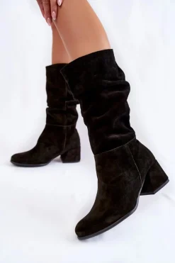 Damskie Boto Damskie Marszczone Zamszowe Kozaki Czarne Alfra