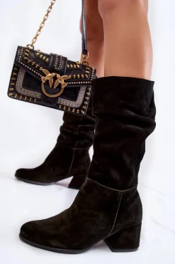 Damskie Boto Damskie Marszczone Zamszowe Kozaki Czarne Alfra