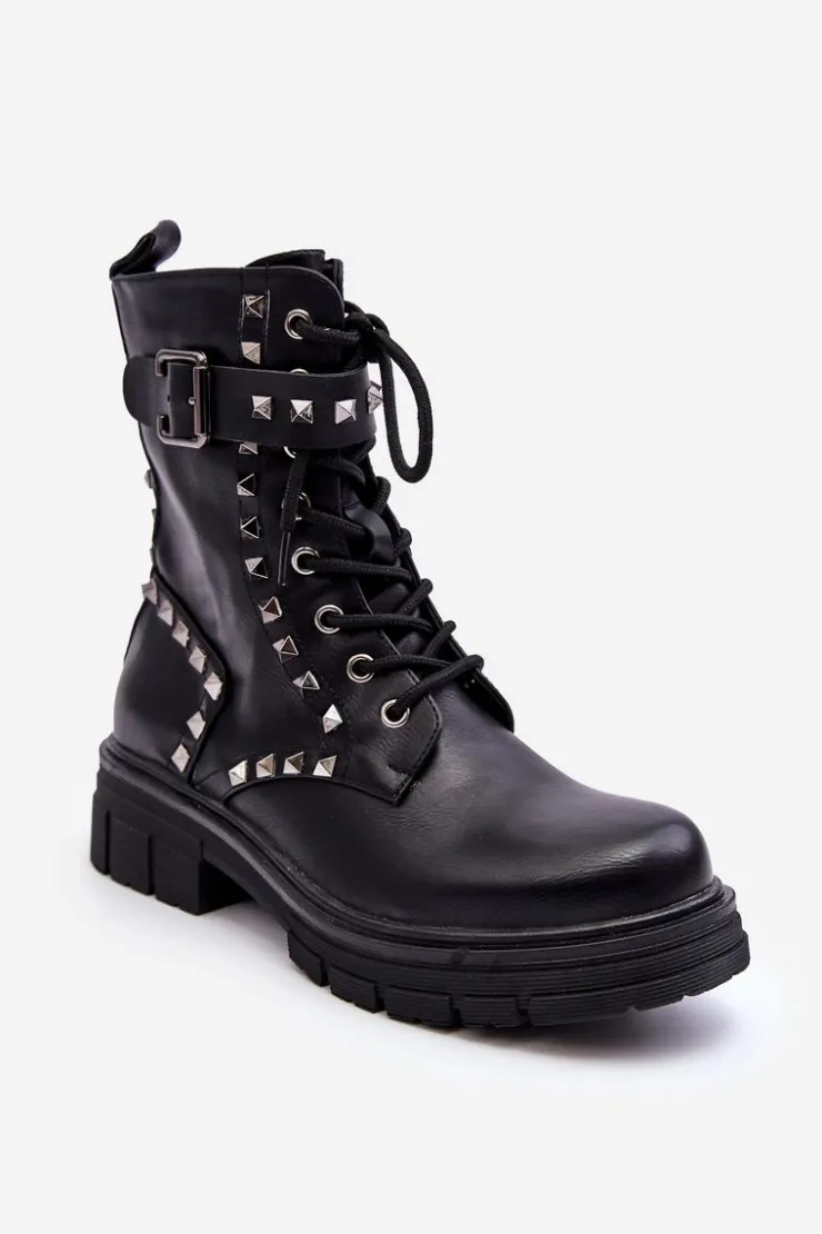 Boto Botki Sznurowane|Czarne Botki*Damskie Masywne Botki Workery z Dżetami Czarne Tyralis