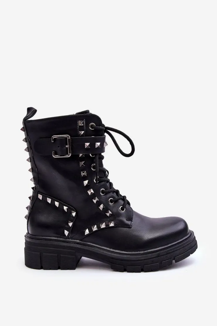 Boto Botki Sznurowane|Czarne Botki*Damskie Masywne Botki Workery z Dżetami Czarne Tyralis