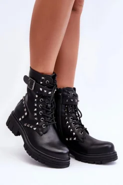 Boto Botki Sznurowane|Czarne Botki*Damskie Masywne Botki Workery z Dżetami Czarne Tyralis