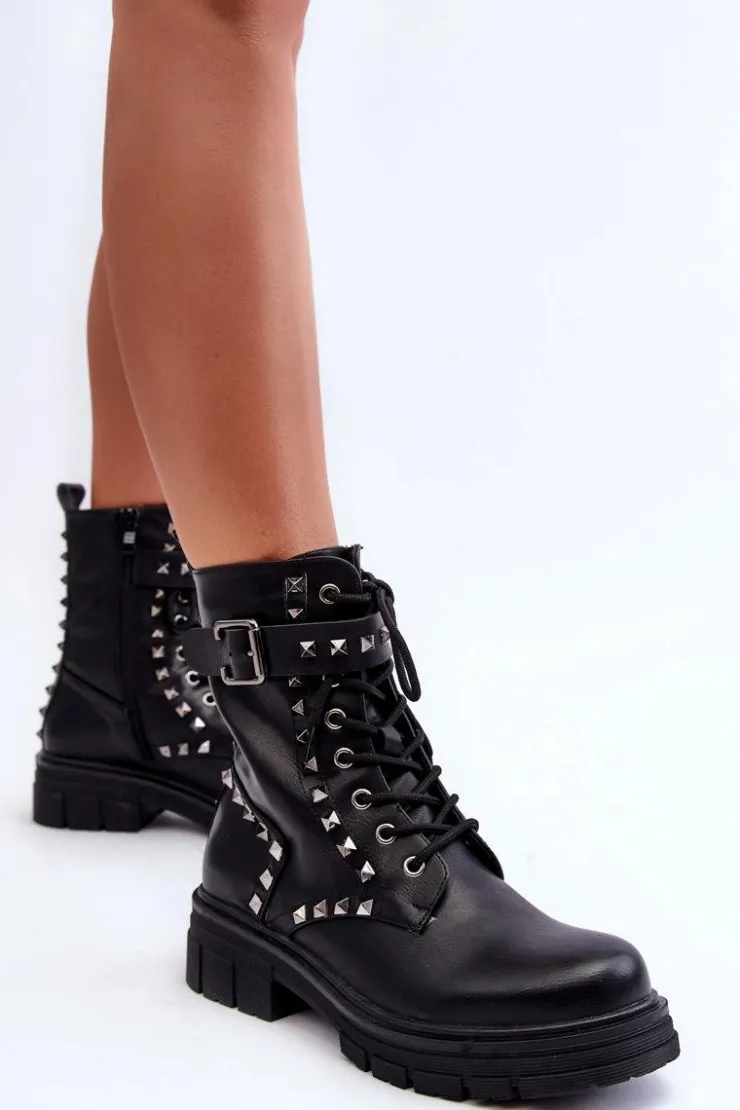Boto Botki Sznurowane|Czarne Botki*Damskie Masywne Botki Workery z Dżetami Czarne Tyralis