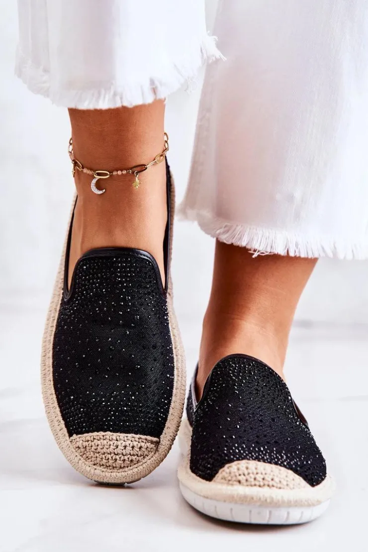 Damskie Boto Damskie Materiałowe Espadryle Z Cyrkoniami Czarne Deimos