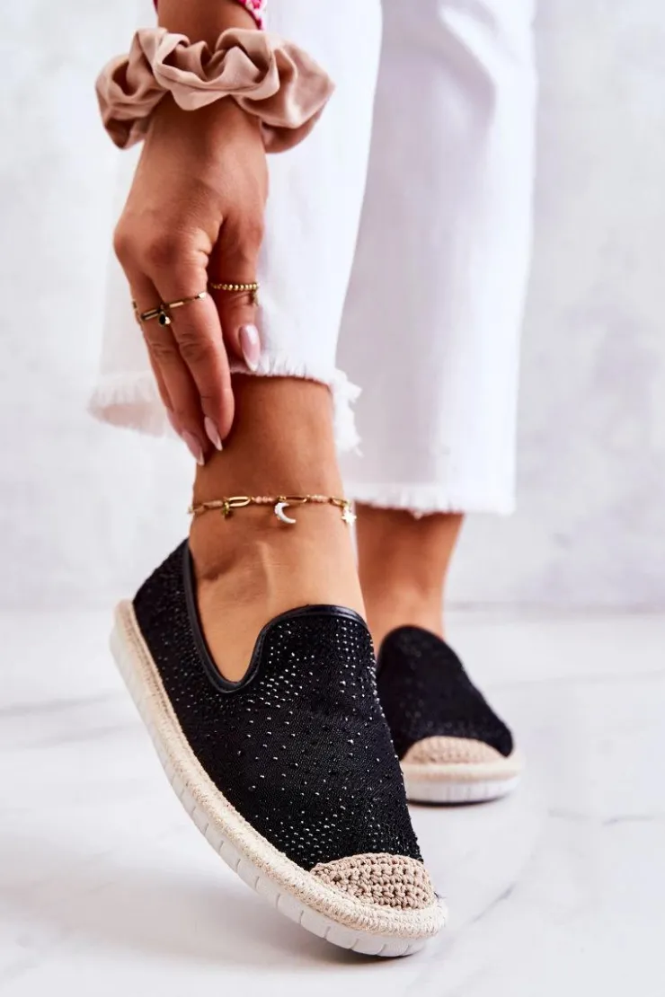 Damskie Boto Damskie Materiałowe Espadryle Z Cyrkoniami Czarne Deimos