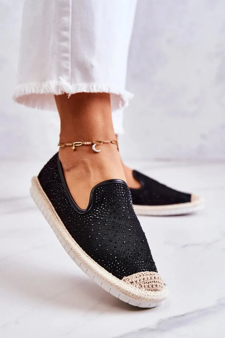 Damskie Boto Damskie Materiałowe Espadryle Z Cyrkoniami Czarne Deimos