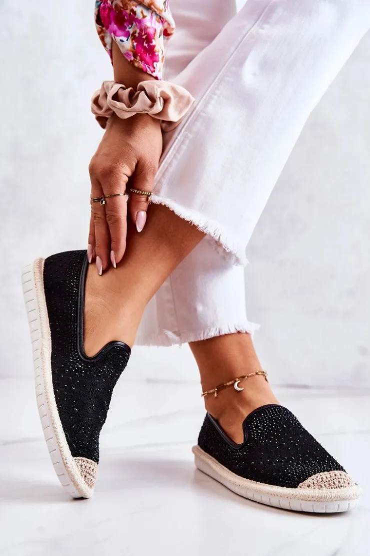 Damskie Boto Damskie Materiałowe Espadryle Z Cyrkoniami Czarne Deimos