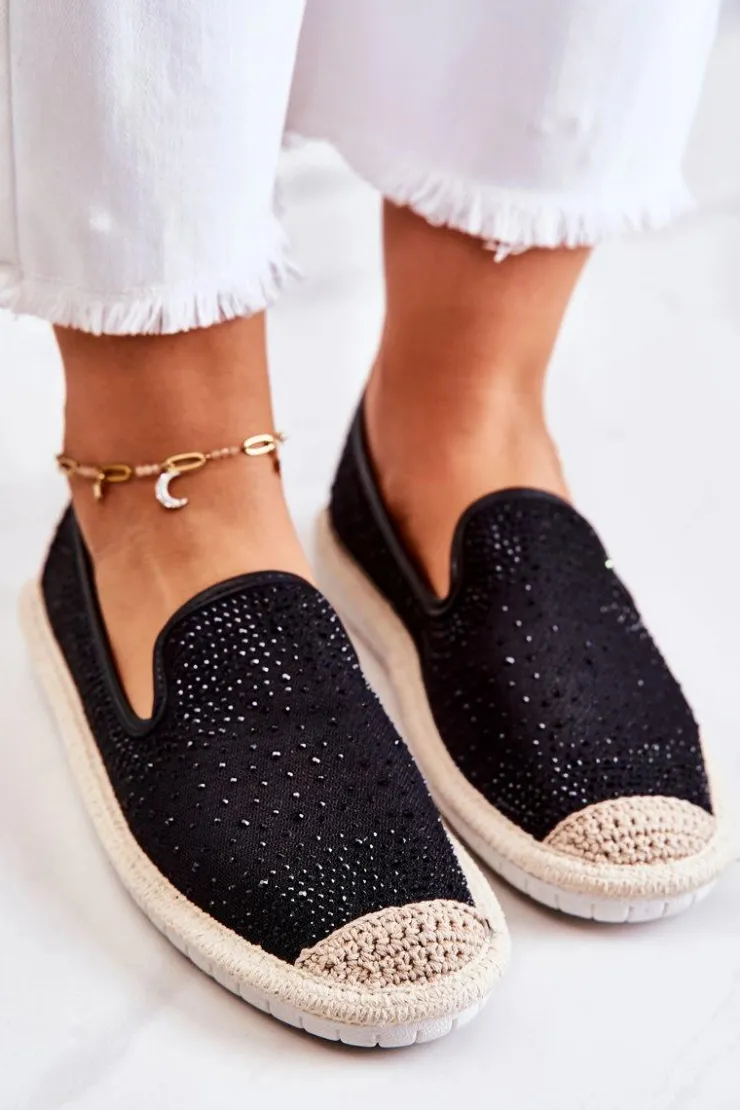 Damskie Boto Damskie Materiałowe Espadryle Z Cyrkoniami Czarne Deimos