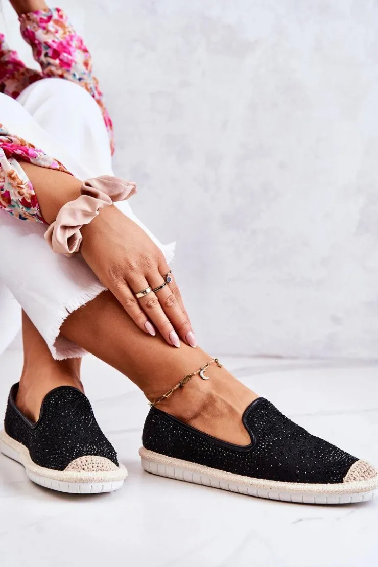 Damskie Boto Damskie Materiałowe Espadryle Z Cyrkoniami Czarne Deimos